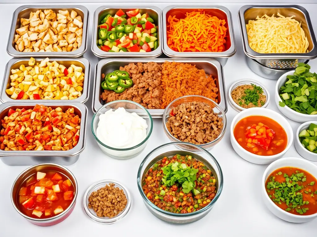A high-quality image displaying a build-your-own burrito bowl bar setup, complete with various toppings, proteins, and fresh salsas, suitable for a casual party.