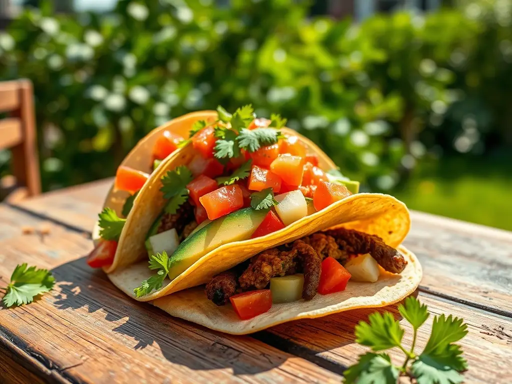 Three colorful tacos arranged on a wooden board, showcasing different fillings such as carne asada, carnitas, and grilled vegetables, ready for online ordering from bar burrito.
