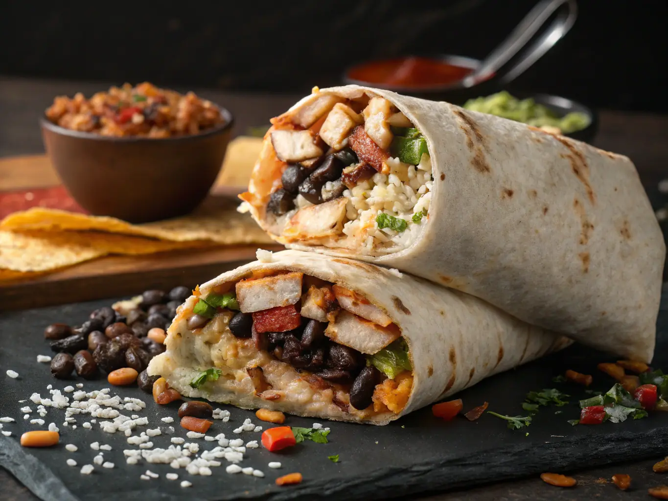 A vibrant and appetizing close-up shot of a fully loaded Bar Burrito signature burrito, showcasing the fresh ingredients and generous fillings, placed on a rustic wooden board.