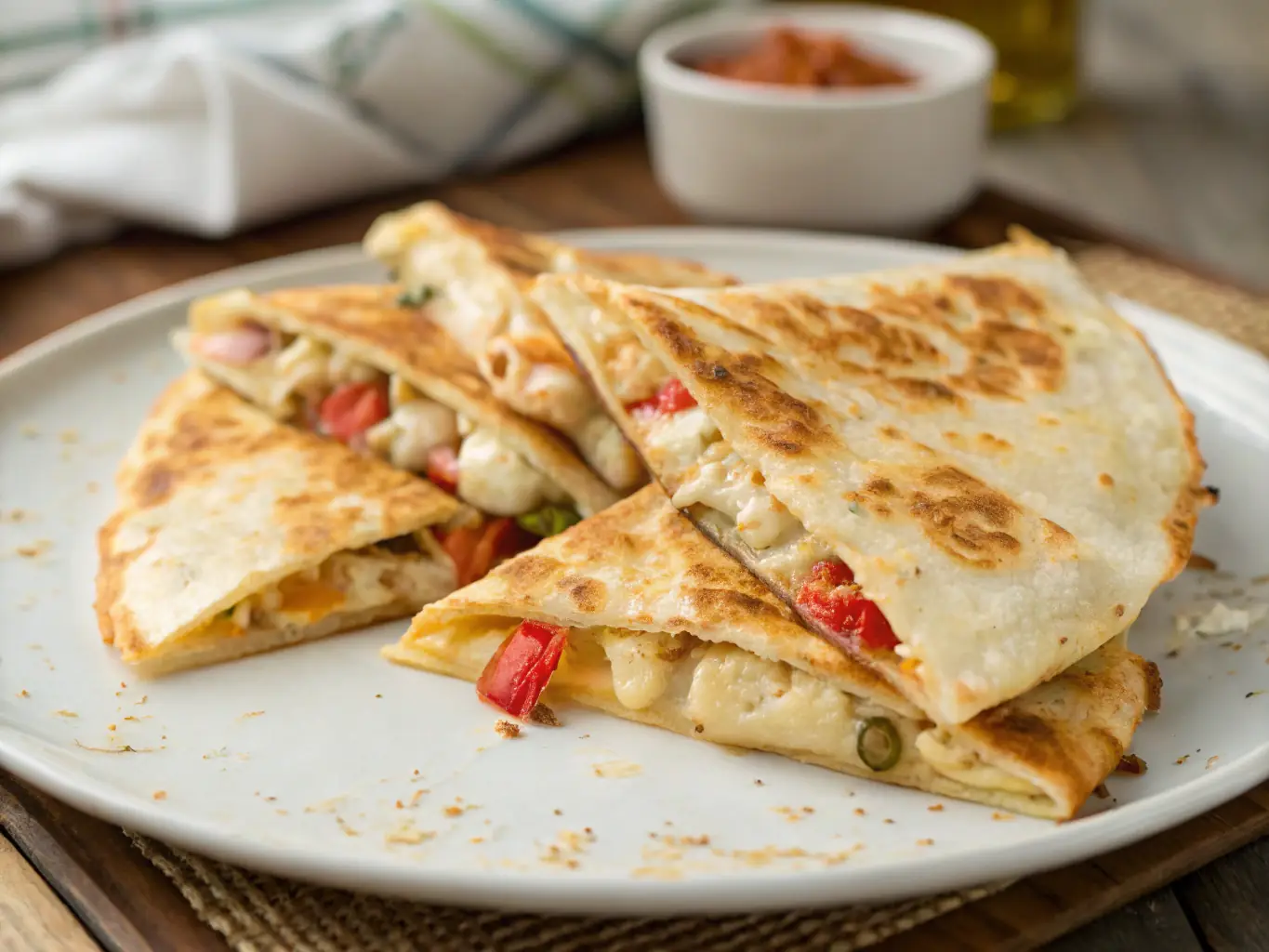 An appetizing image featuring a large platter of quesadillas cut into triangles, garnished with fresh cilantro and served with sour cream and guacamole, ideal for a wedding.