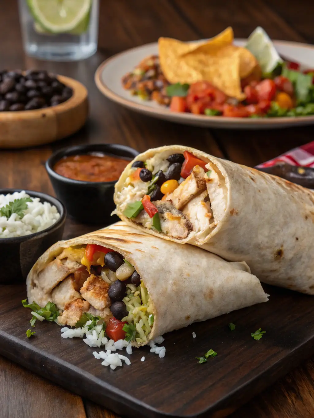 A close-up shot of a fully loaded, vibrant burrito with visible layers of rice, beans, meat, salsa, and guacamole, wrapped in a warm tortilla, placed on a rustic wooden board in a well-lit setting, showcasing the freshness and abundance of ingredients for the Bar Burrito menu.