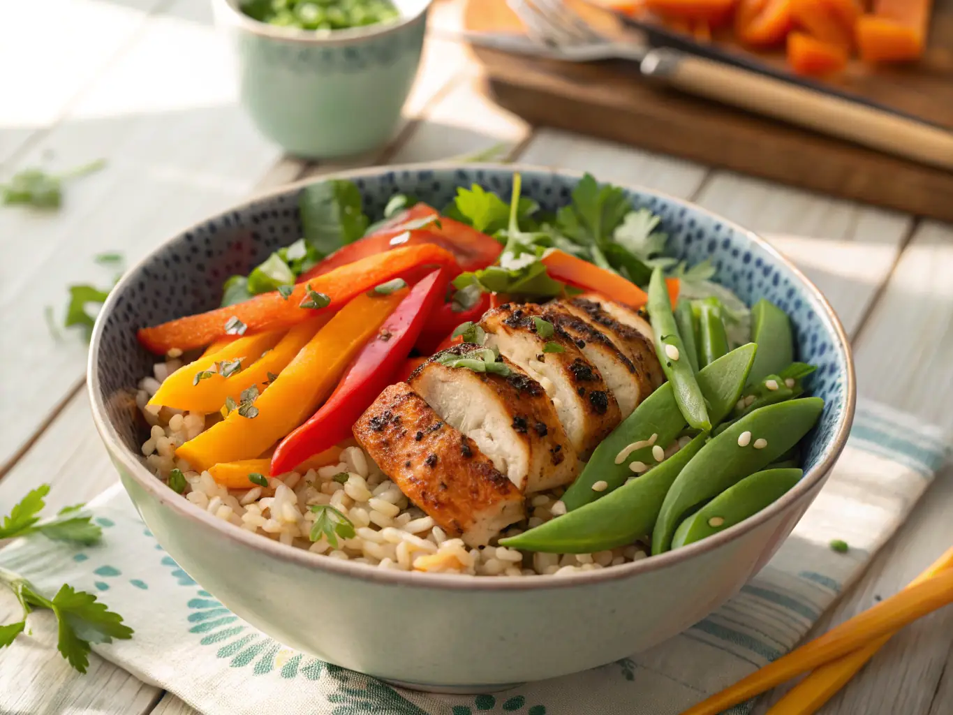 A colorful and fresh-looking Bar Burrito bowl, filled with rice, beans, your choice of protein, and various toppings like salsa, guacamole, and sour cream, set against a bright, modern background.