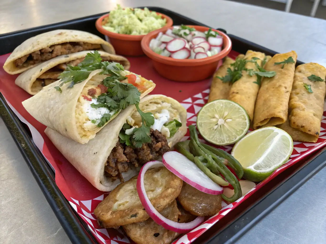 A vibrant image showcasing a colorful assortment of mini burritos and tacos arranged artfully on a wooden platter, perfect for a corporate lunch setting.