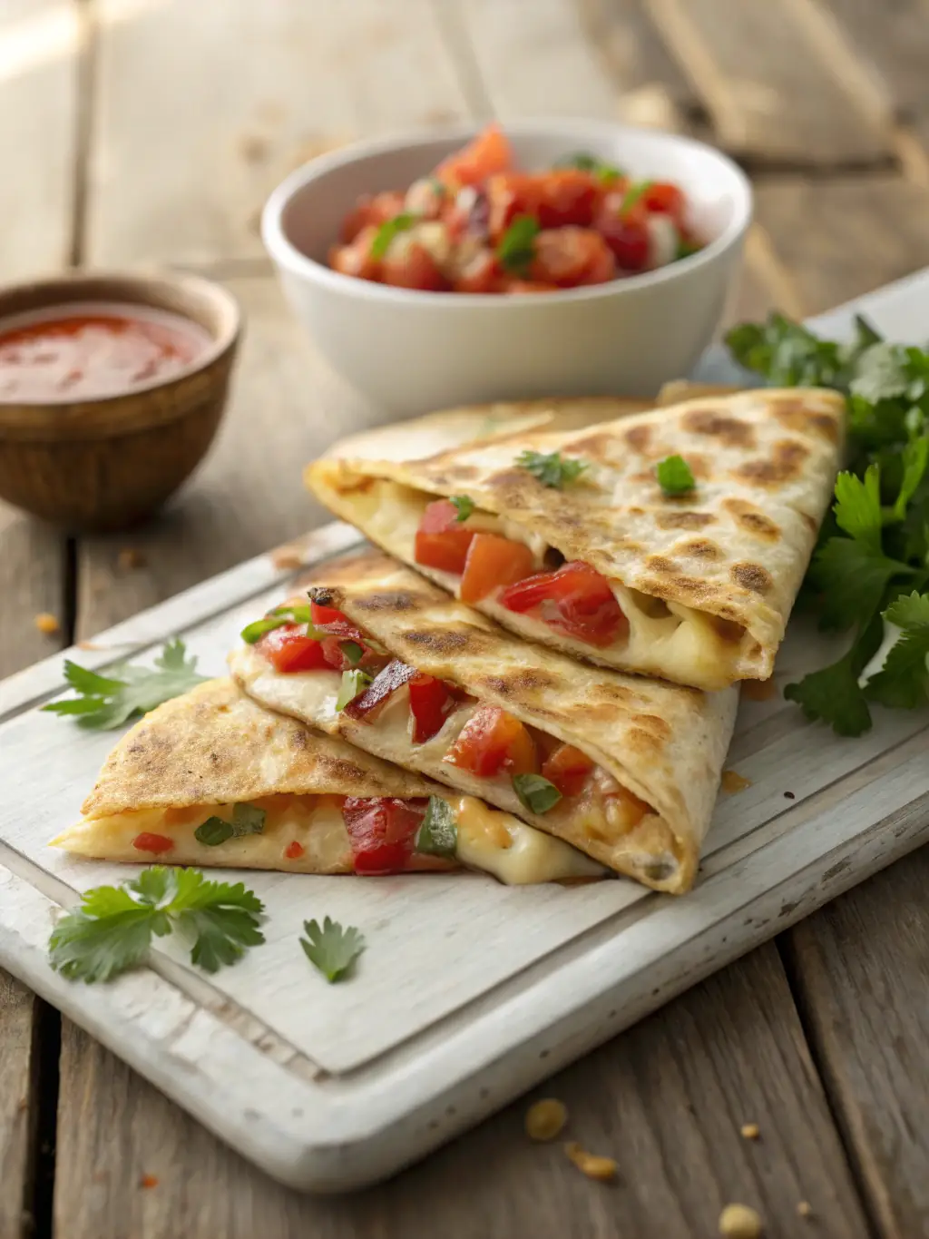 A visually appealing image of a crispy quesadilla cut into triangles, showcasing melted cheese, grilled vegetables, and seasoned chicken, served with a side of sour cream and guacamole on a black slate plate, emphasizing the cheesy goodness and fresh ingredients for Bar Burrito.