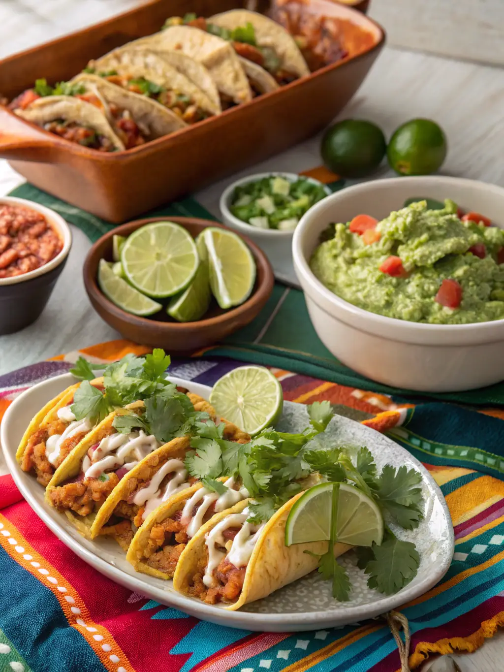 A vibrant and enticing image of a selection of tacos with various fillings such as carne asada, carnitas, and al pastor, garnished with cilantro, onions, and lime wedges, arranged on a colorful Mexican-style platter, showcasing the variety and authenticity of Bar Burrito's taco offerings.