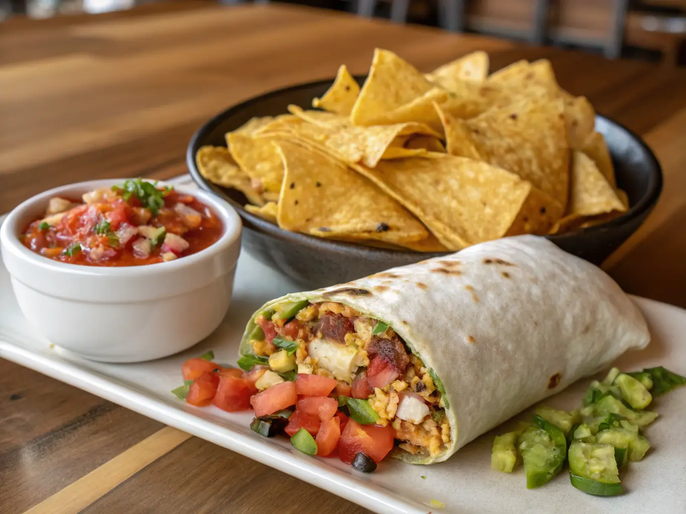 A close-up shot of a fully loaded burrito with visible layers of rice, beans, meat, salsa, and guacamole, ready to be ordered online from bar burrito.